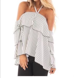 Grey white striped ruffle sleeve women’s boutique halter top one size NEW